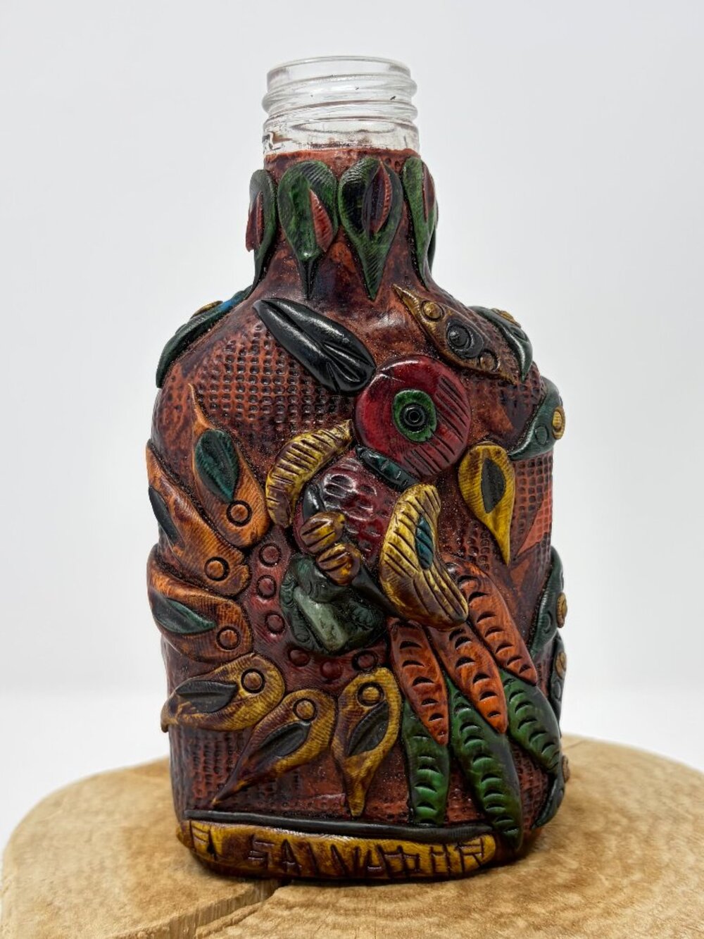 Glass Decor Bottle w/ Polymer Clay El Salvador Folk Art Hand Tooled Flask Bird